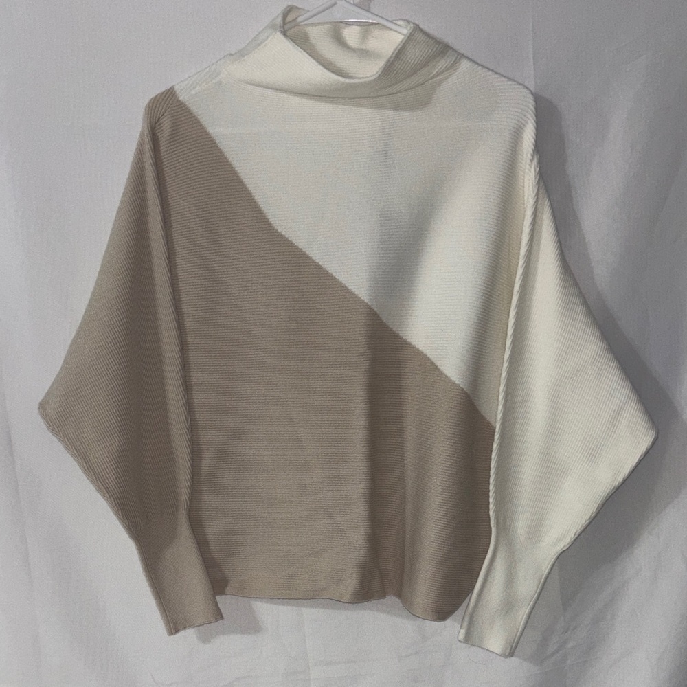 Tahari Cream and Tan Diagonal Turtleneck Sweater